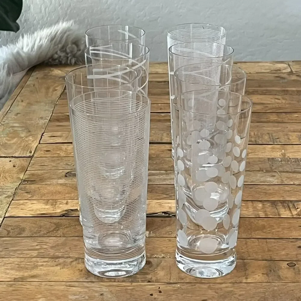Mikasa Cheers Highball Glass Set of 8 Distinct Etched Patterns Dots Swirls Lines